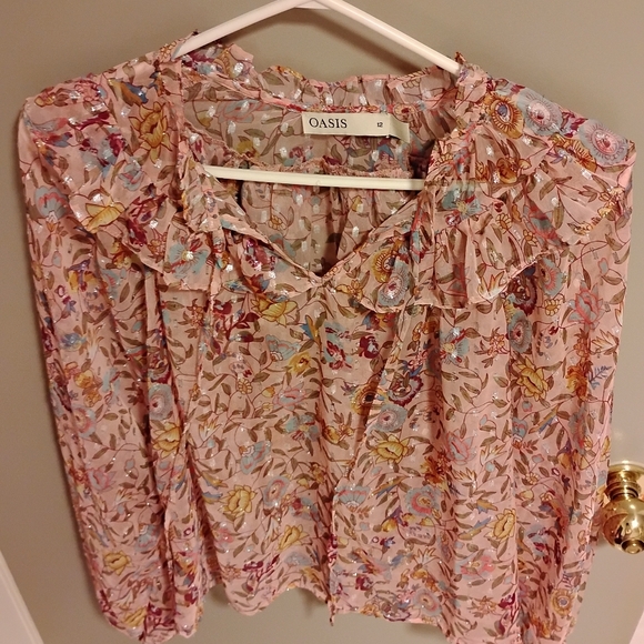 Oasis Floral Ruffle Blouse -pink And Gold Accents - Picture 15 of 15